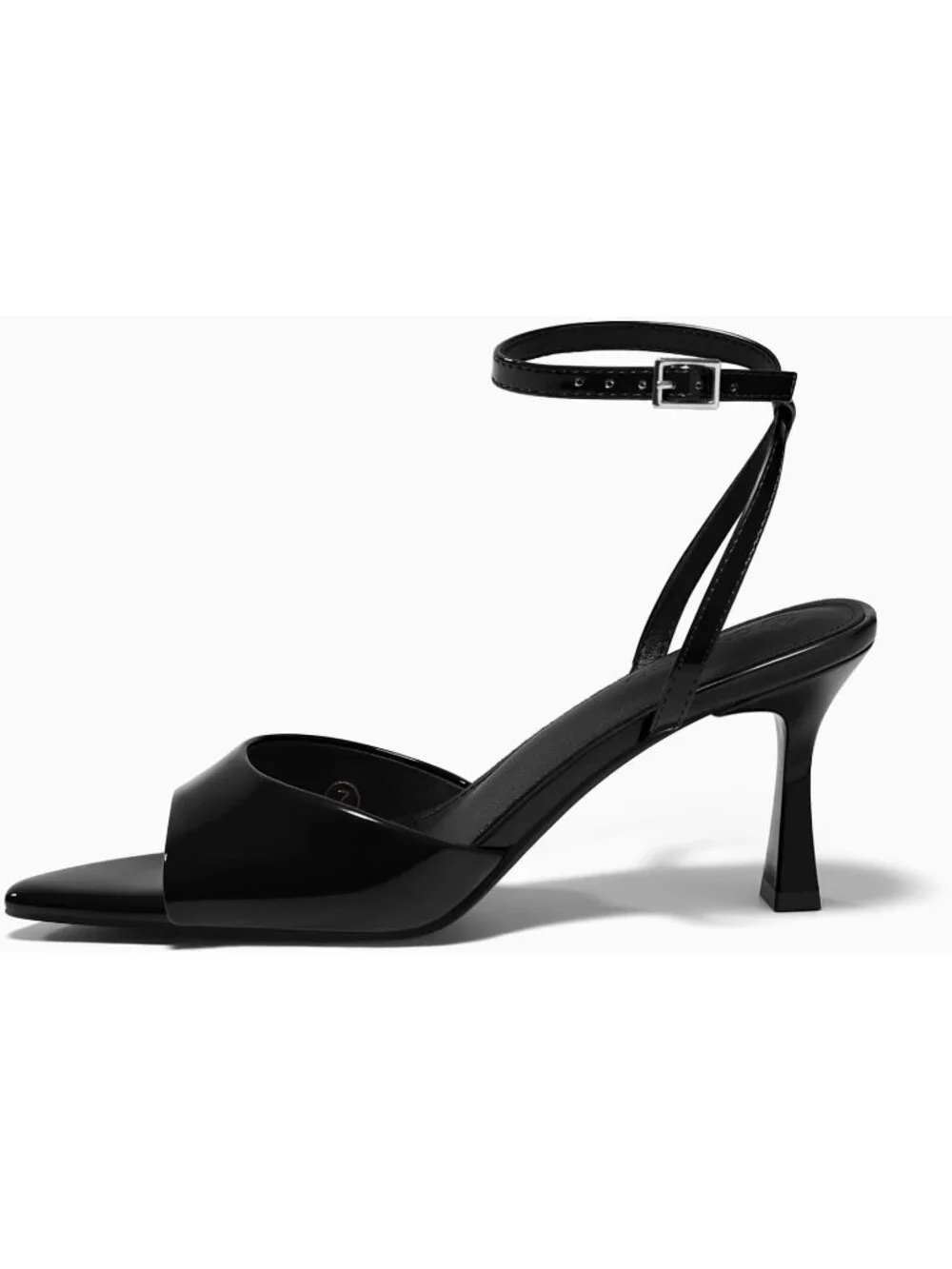 Women's Black Faux Leather Summer Pointed Open Toe Buckle Strap Heeled Sandals
